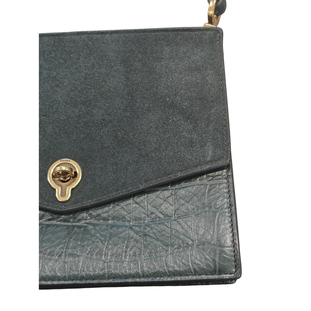 🆕️Fossil Forest Green Croc Embossed Leather Nubuck Suede Crossbody Bag Turnlock - Picture 9 of 15